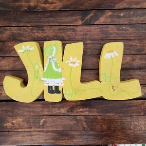 Vintage Carved Wooden Name Jill Yellow Holly Hobby 1970s